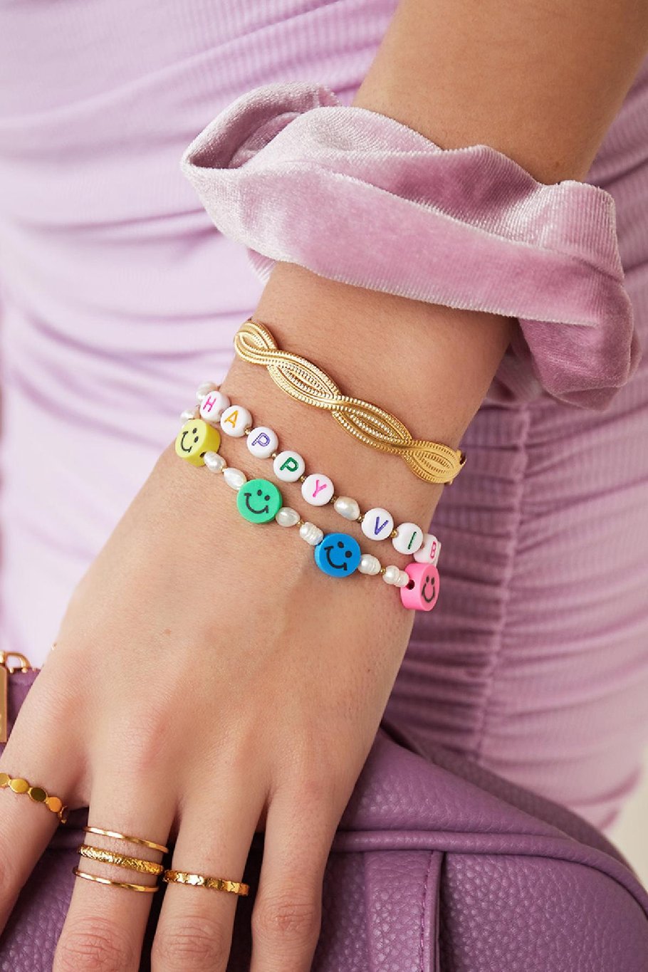 Roestvrijstalen armband Happy Vibes Goud kleur Stainless Steel Afbeelding2